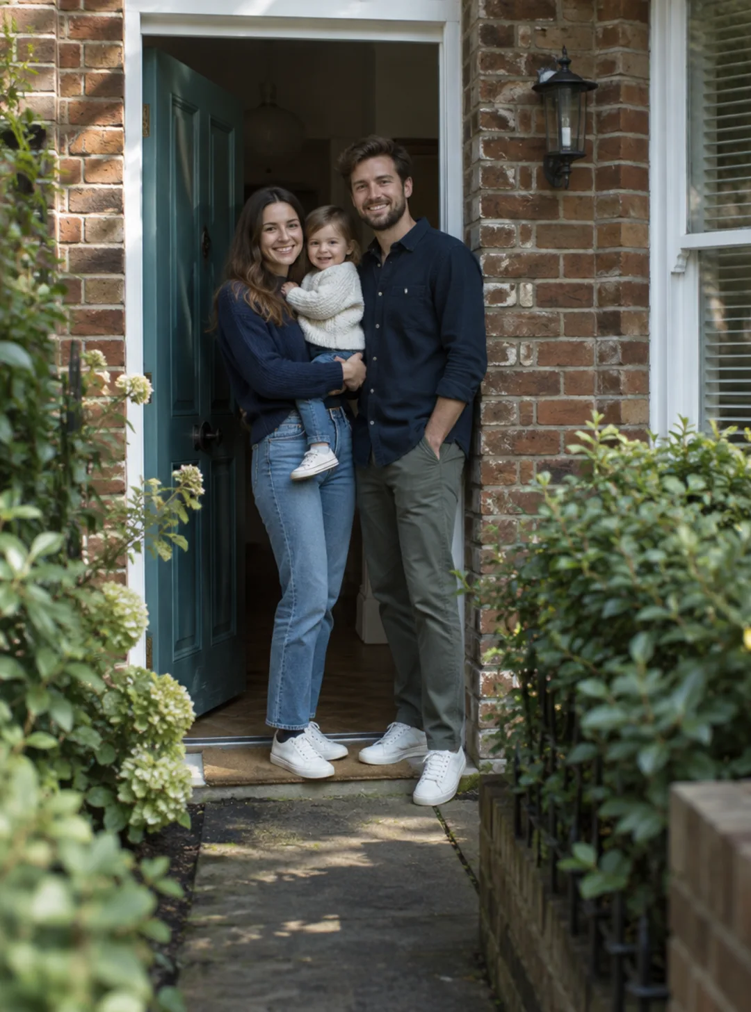 A young family at the front door of their home