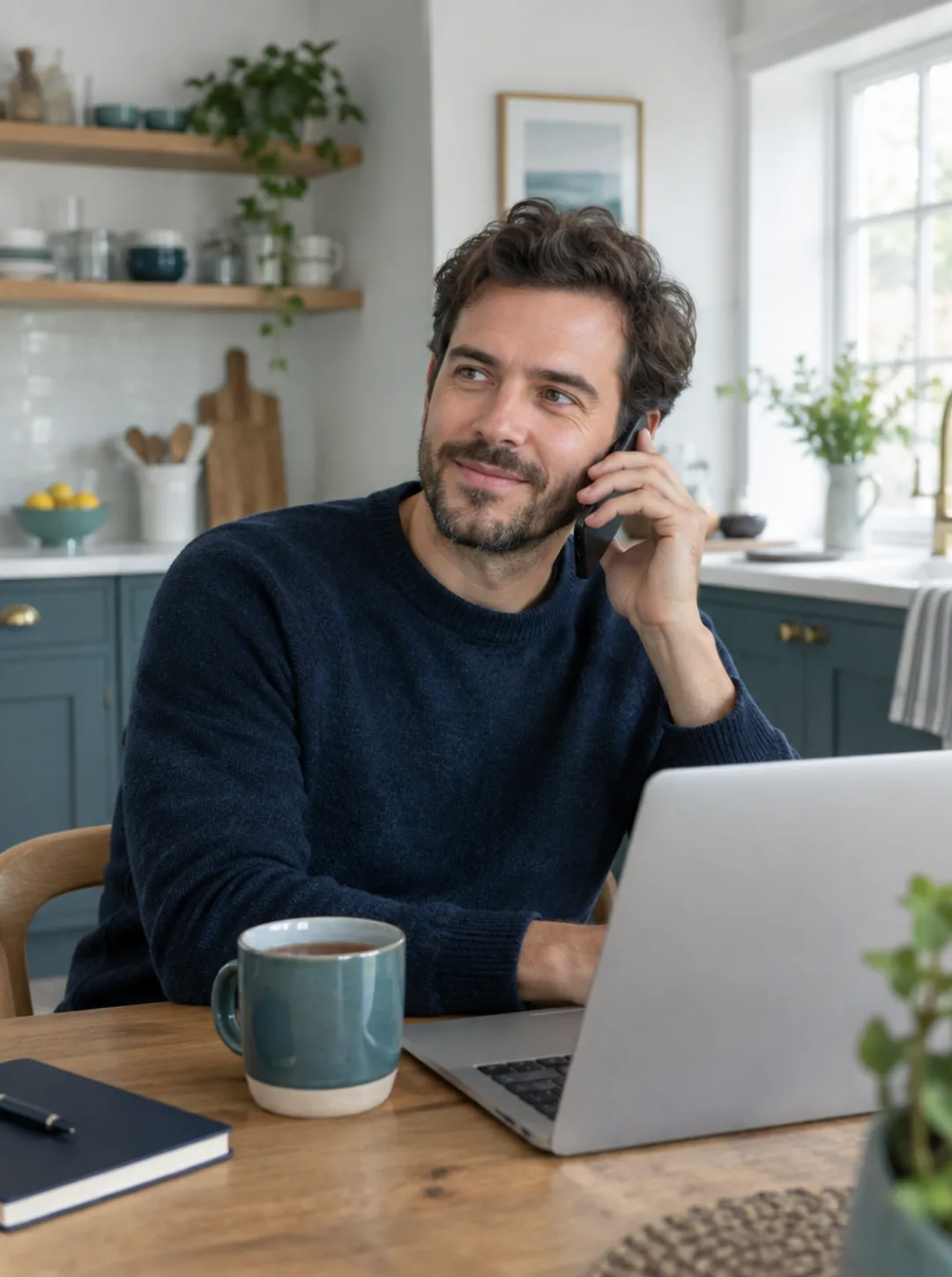 A client on the phone to his broker at the kitchen table