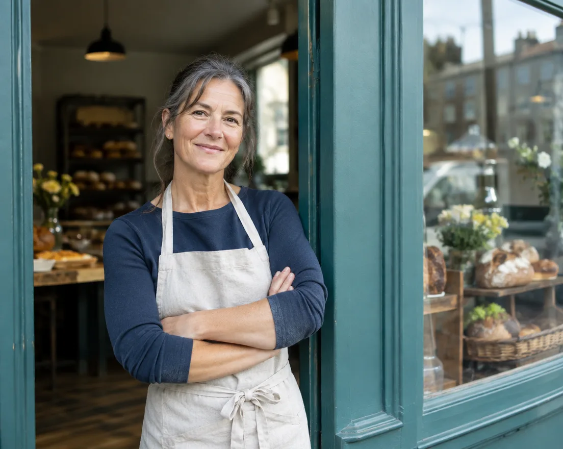 A bakery owner in the doorway of her shop