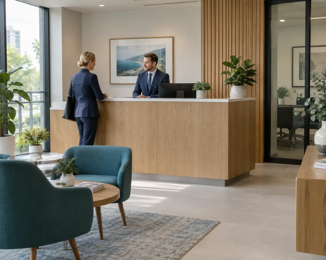Two brokers talking at the Keystone reception desk
